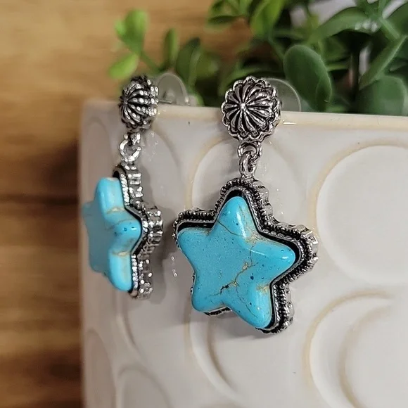 TURQUOISE STAR CONCHO DROP EARRINGS - Picture 4 of 8